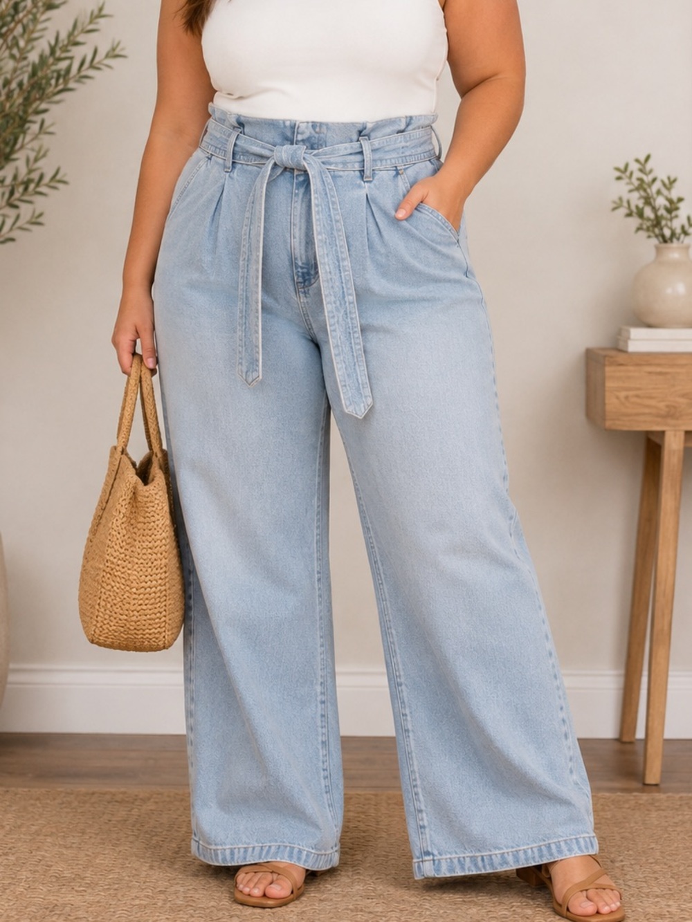 a new day Light Blue Paperbag High-Rise Jeans with Self Tie